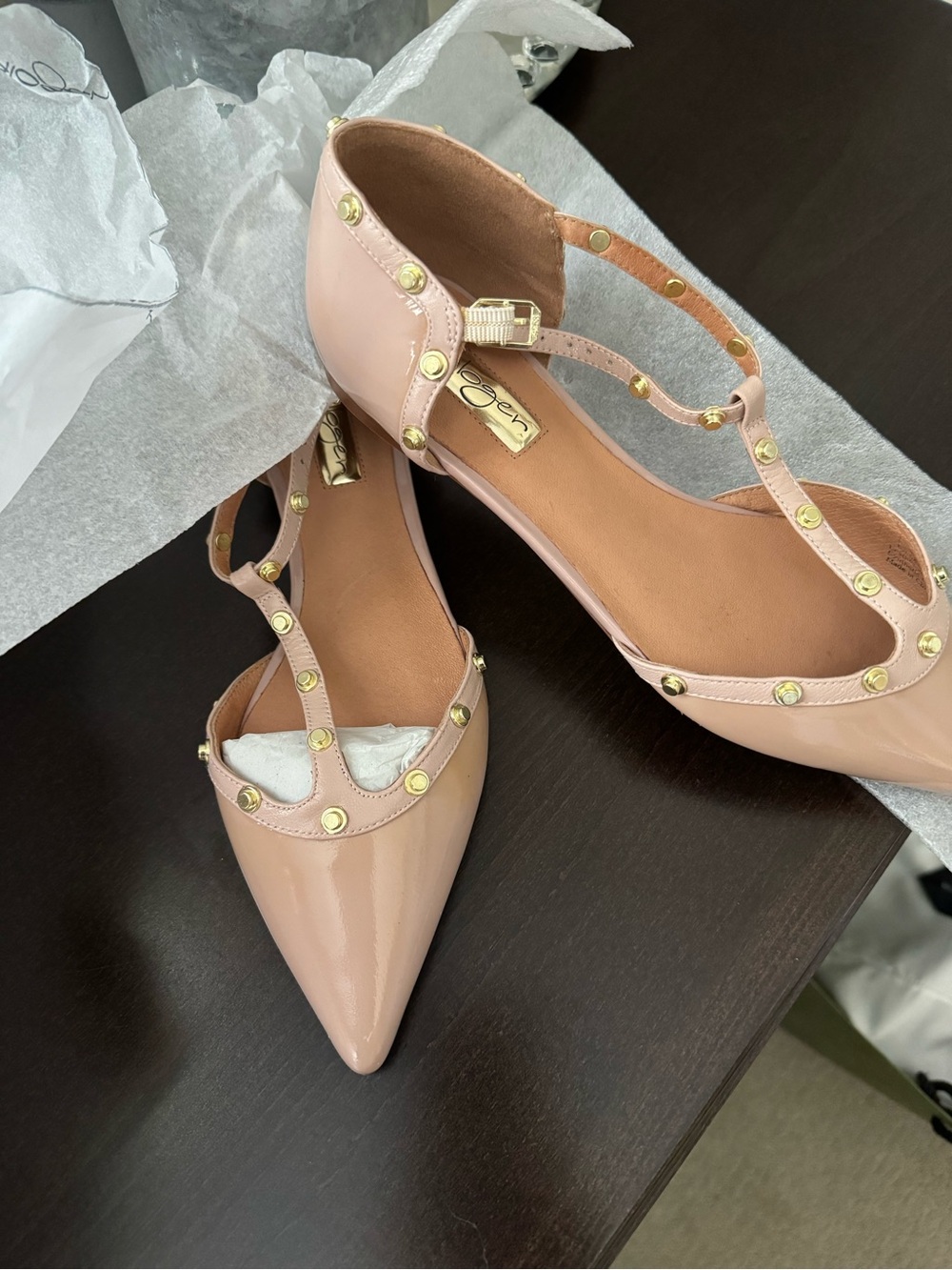 Halogen Pale Pink Patent Studded T-Strap Pointed Flats